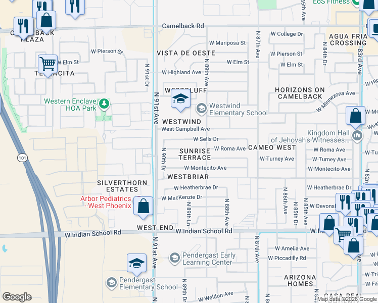 map of restaurants, bars, coffee shops, grocery stores, and more near 8940 West Turney Avenue in Phoenix