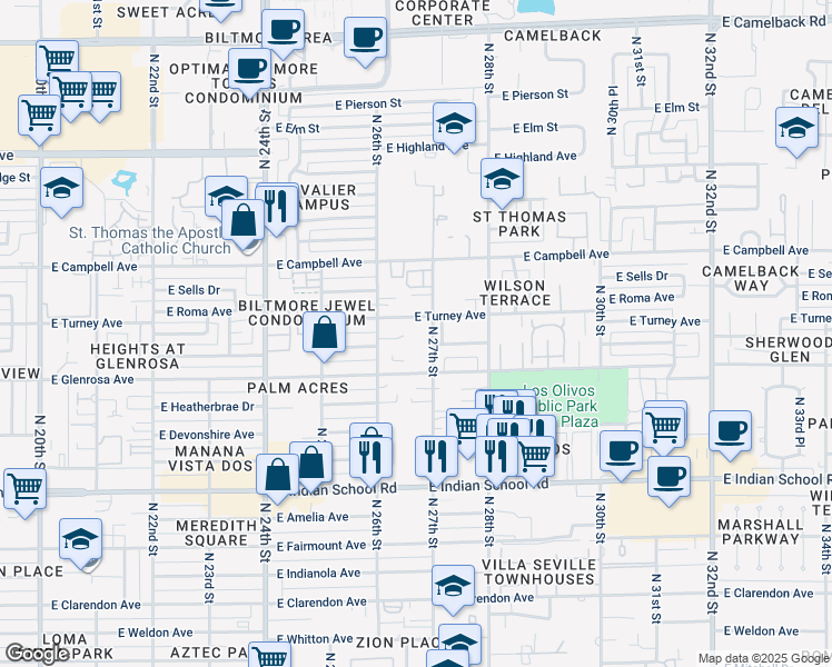 map of restaurants, bars, coffee shops, grocery stores, and more near 4320 North 27th Street in Phoenix