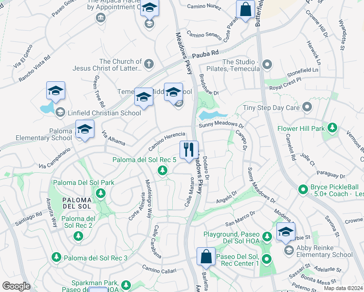 map of restaurants, bars, coffee shops, grocery stores, and more near 32263 Corte Gardano in Temecula