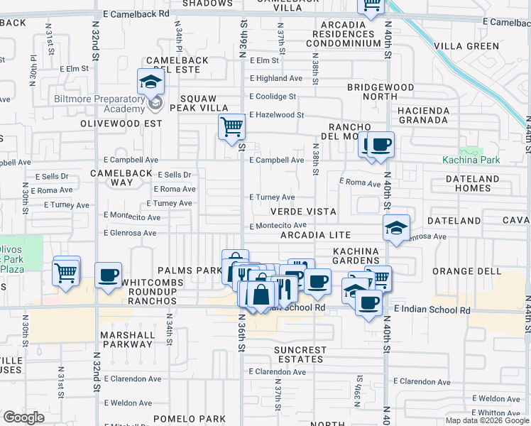 map of restaurants, bars, coffee shops, grocery stores, and more near 3618 East Montecito Avenue in Phoenix