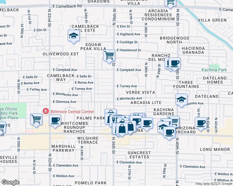 map of restaurants, bars, coffee shops, grocery stores, and more near 3618 East Montecito Avenue in Phoenix