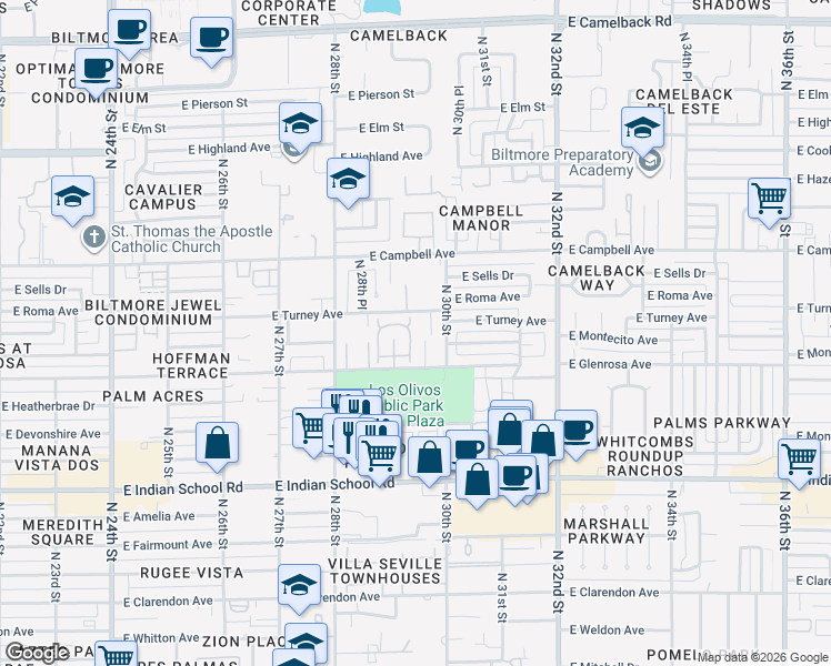 map of restaurants, bars, coffee shops, grocery stores, and more near 4315 North 29th Place in Phoenix