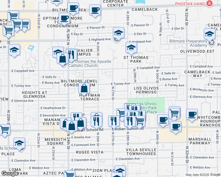 map of restaurants, bars, coffee shops, grocery stores, and more near 4320 North 27th Street in Phoenix