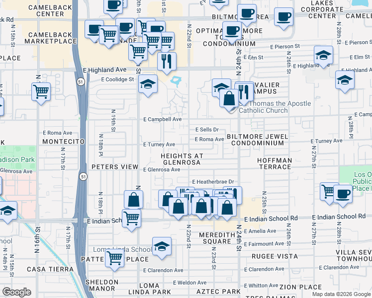map of restaurants, bars, coffee shops, grocery stores, and more near 4301 North 21st Street in Phoenix