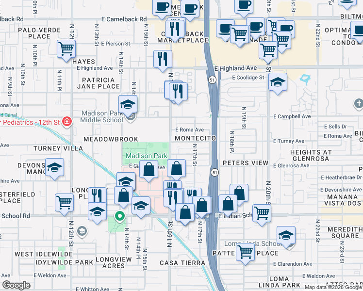 map of restaurants, bars, coffee shops, grocery stores, and more near 1618 East Montecito Avenue in Phoenix