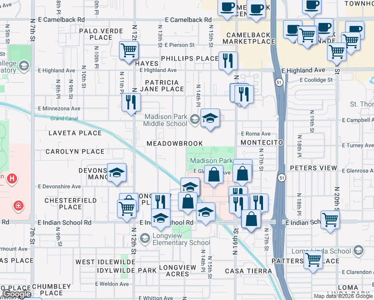 map of restaurants, bars, coffee shops, grocery stores, and more near 4320 North 14th Street in Phoenix
