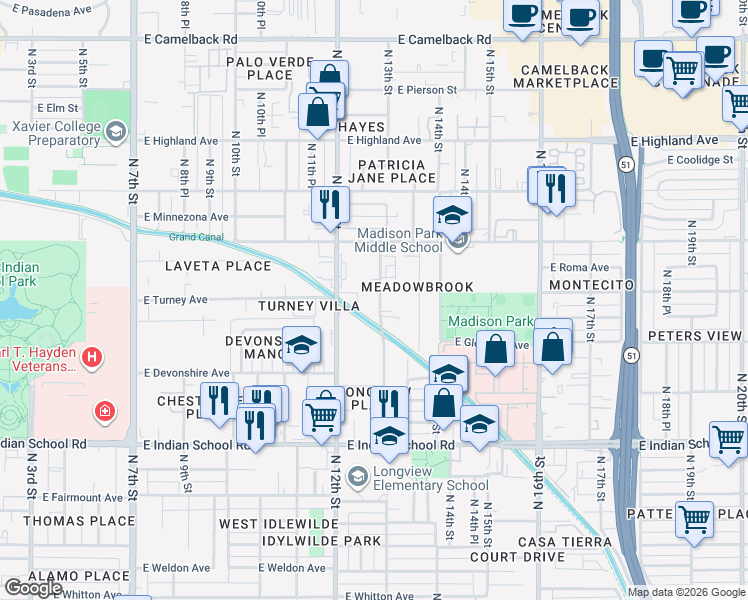 map of restaurants, bars, coffee shops, grocery stores, and more near 4332 North Longview Avenue in Phoenix