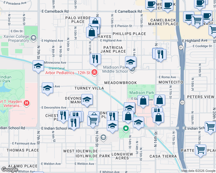 map of restaurants, bars, coffee shops, grocery stores, and more near 4332 North Longview Avenue in Phoenix