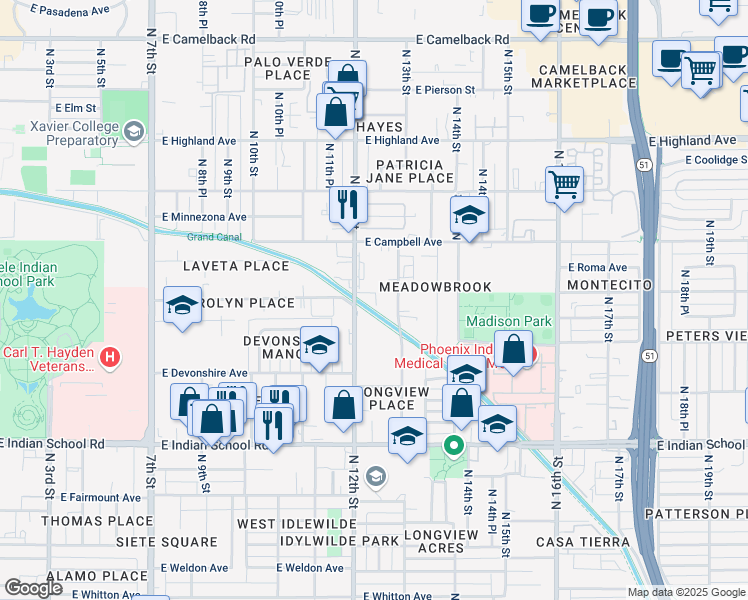 map of restaurants, bars, coffee shops, grocery stores, and more near 4331 North 12th Street in Phoenix