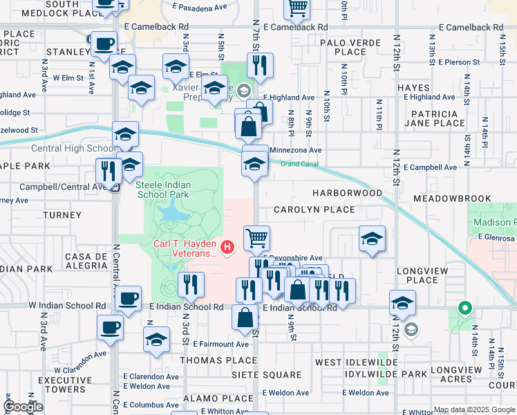 map of restaurants, bars, coffee shops, grocery stores, and more near 4406 North 7th Street in Phoenix