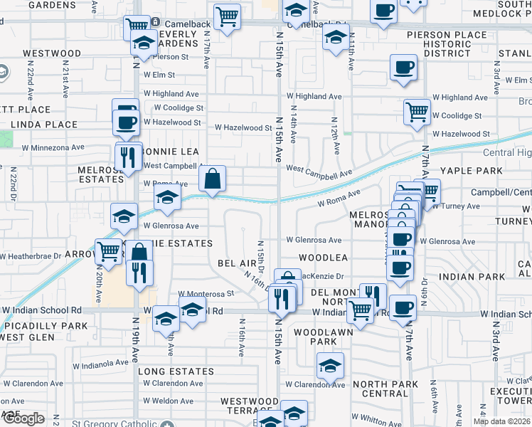 map of restaurants, bars, coffee shops, grocery stores, and more near 4321 North 15th Drive in Phoenix