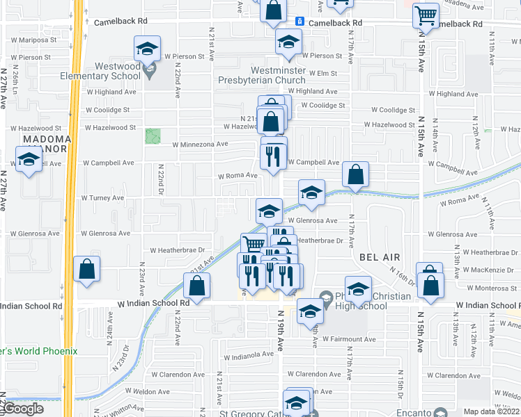 map of restaurants, bars, coffee shops, grocery stores, and more near 4317 North 19th Drive in Phoenix