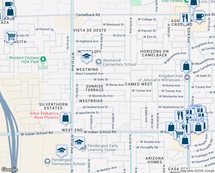 map of restaurants, bars, coffee shops, grocery stores, and more near 8814 West Turney Avenue in Phoenix