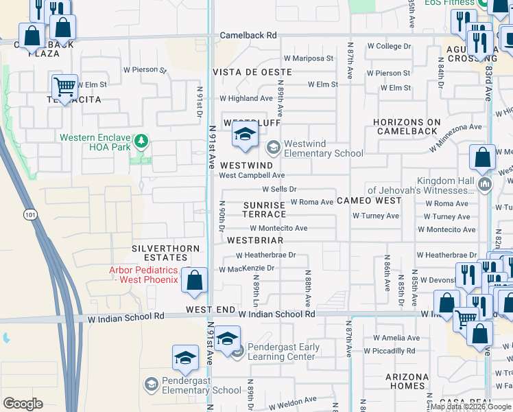 map of restaurants, bars, coffee shops, grocery stores, and more near 8940 West Turney Avenue in Phoenix