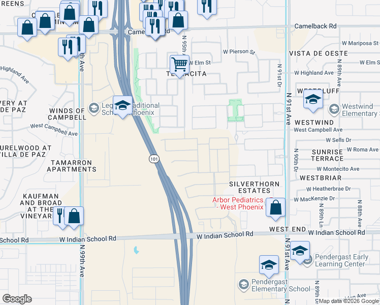 map of restaurants, bars, coffee shops, grocery stores, and more near North 95th Avenue in Phoenix