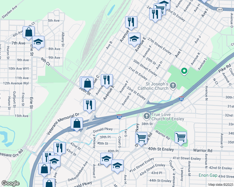 map of restaurants, bars, coffee shops, grocery stores, and more near 3405 Avenue F in Birmingham