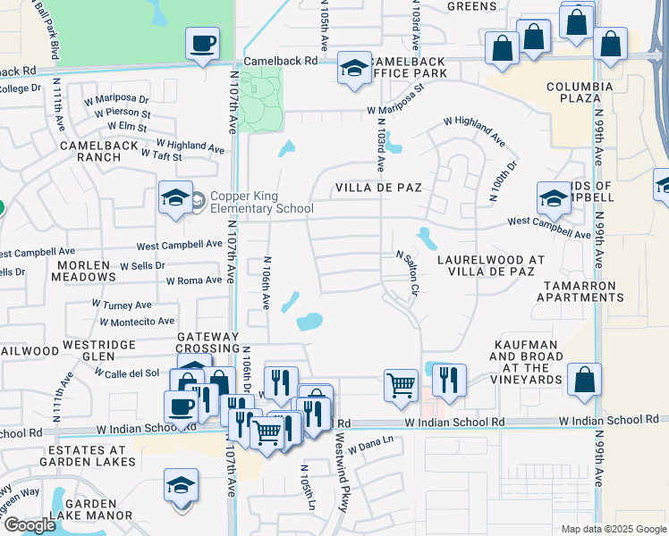 map of restaurants, bars, coffee shops, grocery stores, and more near 10423 West Calle De Plata in Phoenix