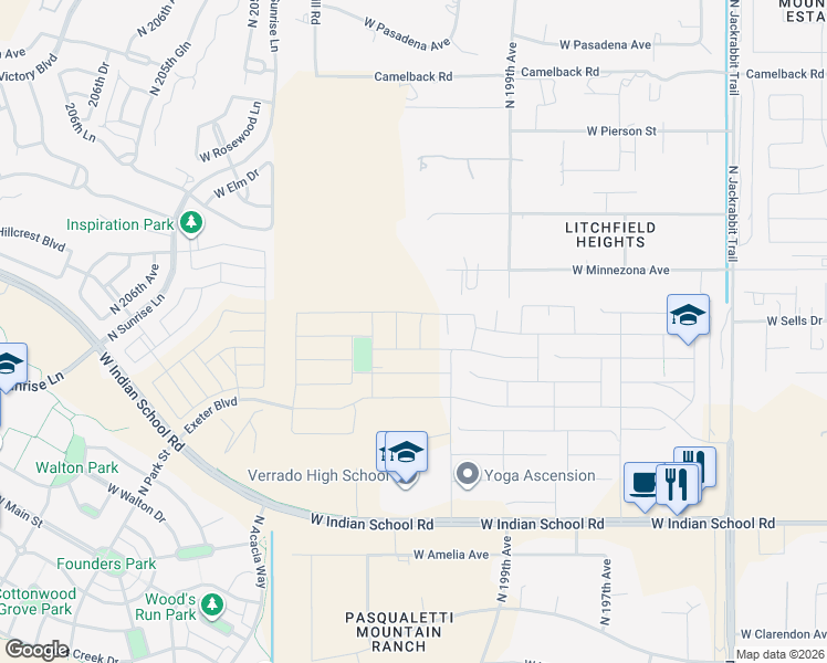 map of restaurants, bars, coffee shops, grocery stores, and more near West Indian School Road in Litchfield Park
