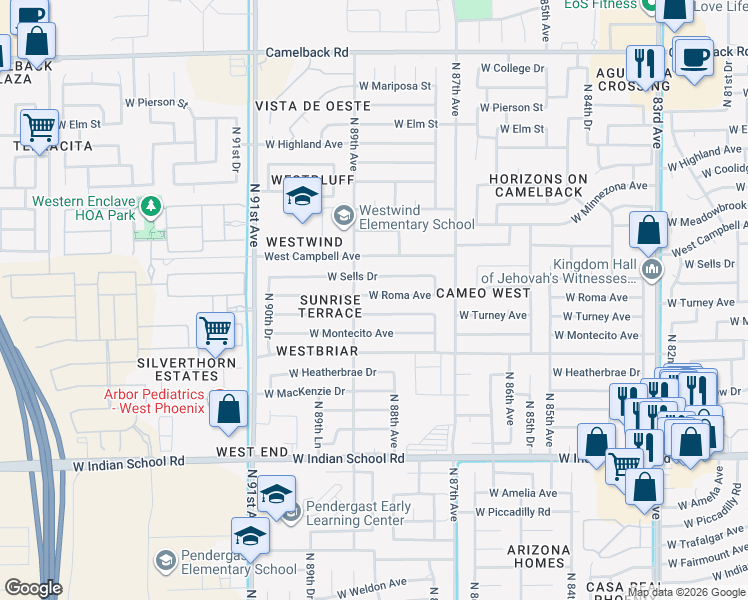 map of restaurants, bars, coffee shops, grocery stores, and more near 8814 West Turney Avenue in Phoenix