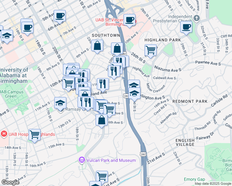 map of restaurants, bars, coffee shops, grocery stores, and more near 2118 14th Avenue South in Birmingham