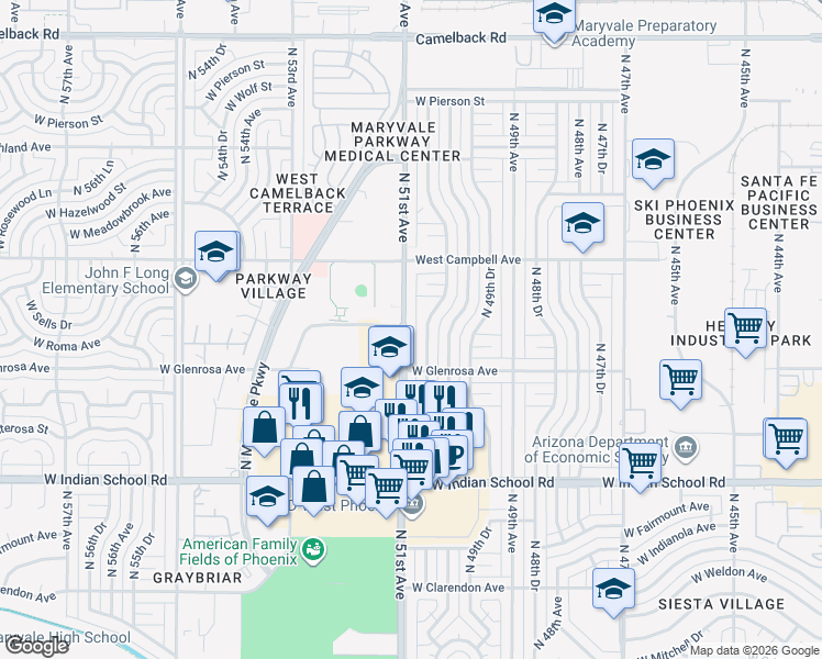 map of restaurants, bars, coffee shops, grocery stores, and more near 4335 North 51st Avenue in Phoenix
