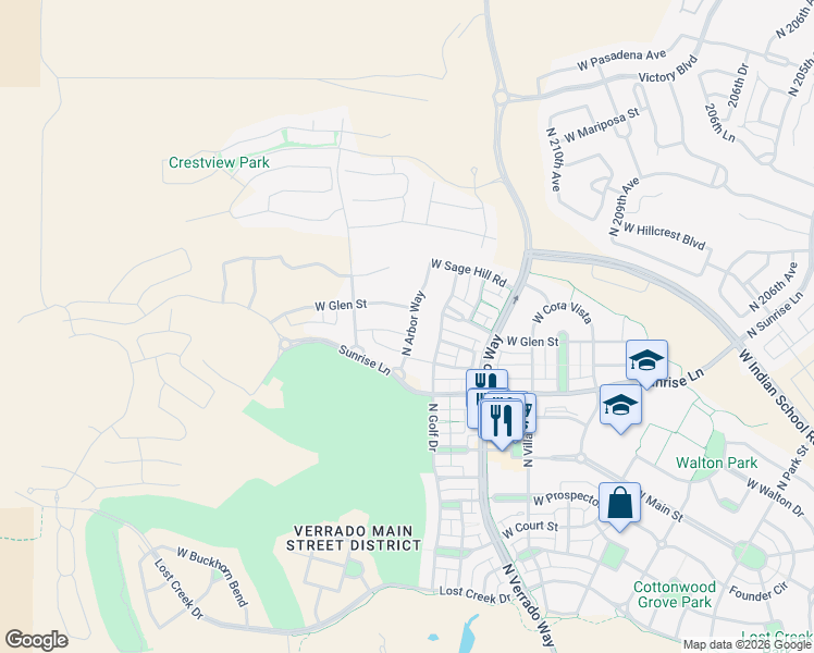 map of restaurants, bars, coffee shops, grocery stores, and more near 21239 West Sycamore Drive in Buckeye
