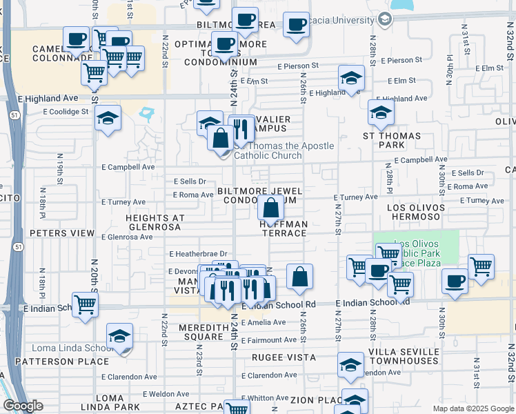 map of restaurants, bars, coffee shops, grocery stores, and more near 4326 North 25th Street in Phoenix