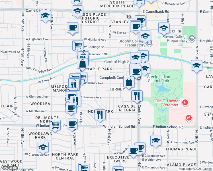 map of restaurants, bars, coffee shops, grocery stores, and more near 301 West Turney Avenue in Phoenix