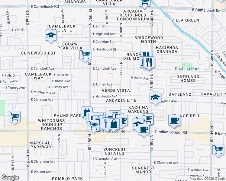 map of restaurants, bars, coffee shops, grocery stores, and more near 3737 East Turney Avenue in Phoenix