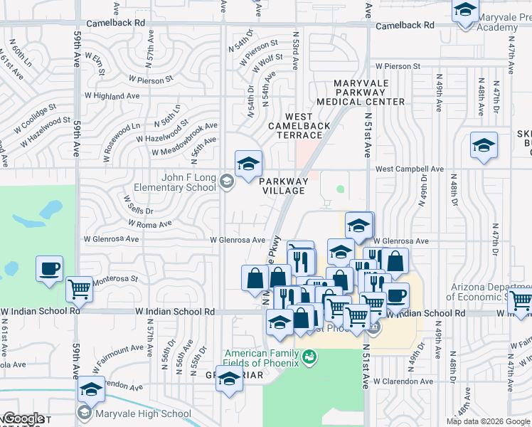 map of restaurants, bars, coffee shops, grocery stores, and more near 4337 North 53rd Lane in Phoenix