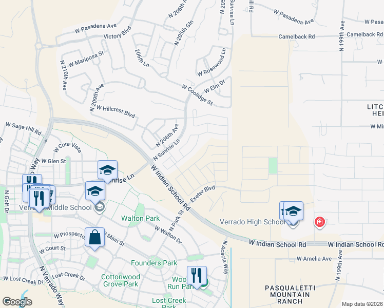 map of restaurants, bars, coffee shops, grocery stores, and more near 4691 North 204th Avenue in Buckeye