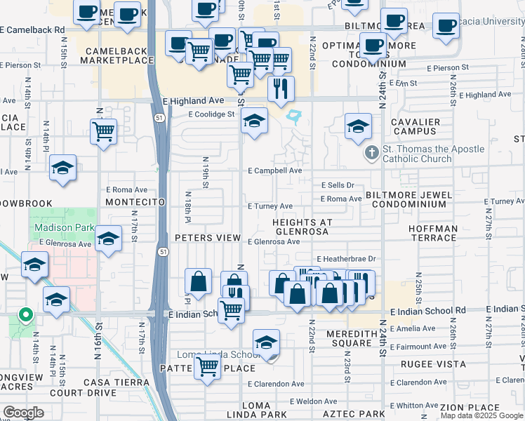 map of restaurants, bars, coffee shops, grocery stores, and more near 2019 East Turney Avenue in Phoenix