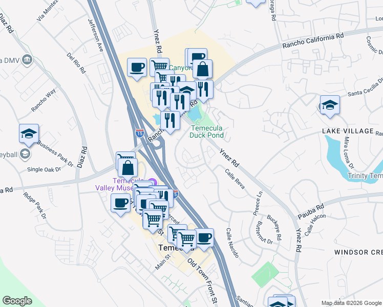 map of restaurants, bars, coffee shops, grocery stores, and more near 27832 Avenida Avila in Temecula