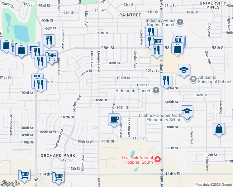 map of restaurants, bars, coffee shops, grocery stores, and more near 3612 105th Street in Lubbock