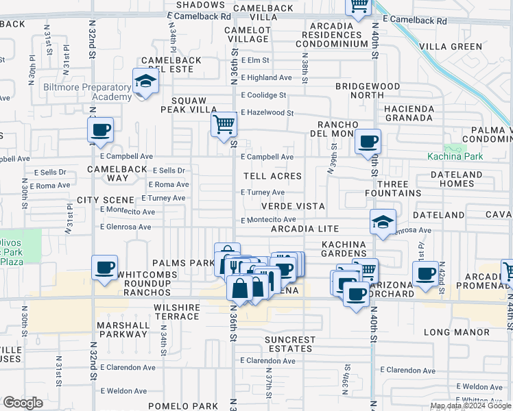 map of restaurants, bars, coffee shops, grocery stores, and more near 3618 East Montecito Avenue in Phoenix