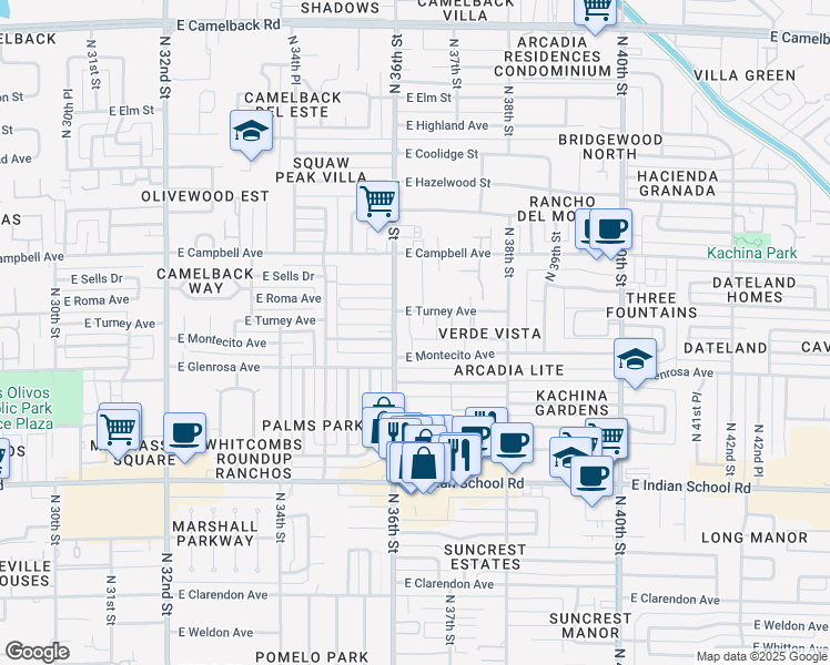 map of restaurants, bars, coffee shops, grocery stores, and more near 3618 East Montecito Avenue in Phoenix
