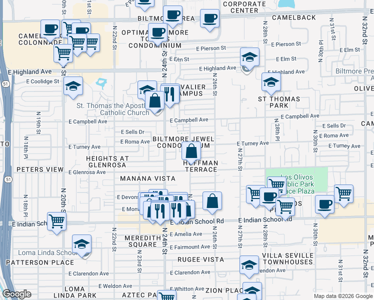 map of restaurants, bars, coffee shops, grocery stores, and more near 4326 North 25th Street in Phoenix