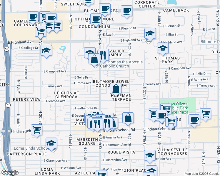 map of restaurants, bars, coffee shops, grocery stores, and more near 4326 North 25th Street in Phoenix