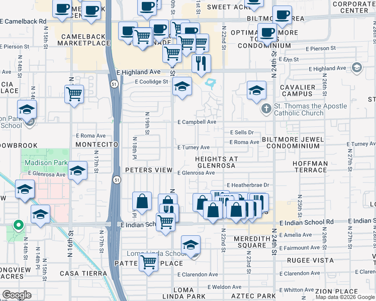 map of restaurants, bars, coffee shops, grocery stores, and more near 2019 East Turney Avenue in Phoenix