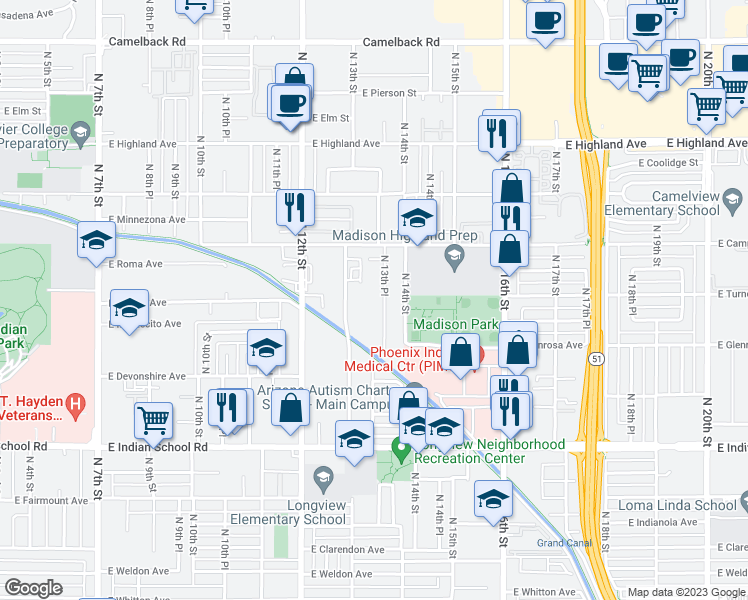 map of restaurants, bars, coffee shops, grocery stores, and more near 4324 North 13th Place in Phoenix