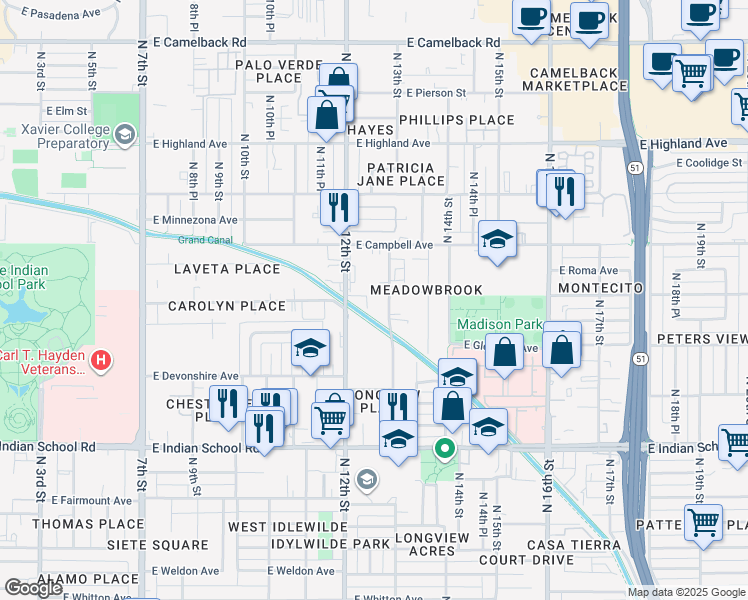 map of restaurants, bars, coffee shops, grocery stores, and more near 4332 North Longview Avenue in Phoenix