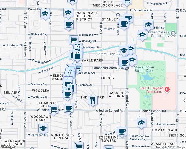 map of restaurants, bars, coffee shops, grocery stores, and more near 344 West Montecito Avenue in Phoenix