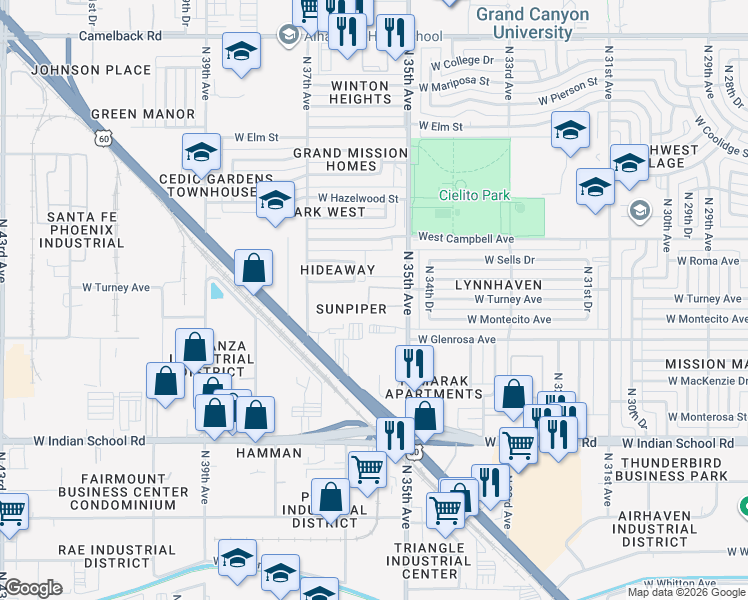 map of restaurants, bars, coffee shops, grocery stores, and more near 4326 North 35th Avenue in Phoenix