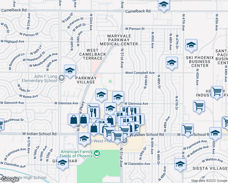 map of restaurants, bars, coffee shops, grocery stores, and more near in Phoenix