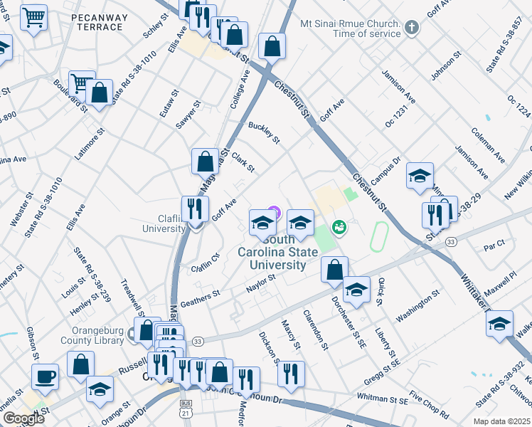 map of restaurants, bars, coffee shops, grocery stores, and more near in Orangeburg
