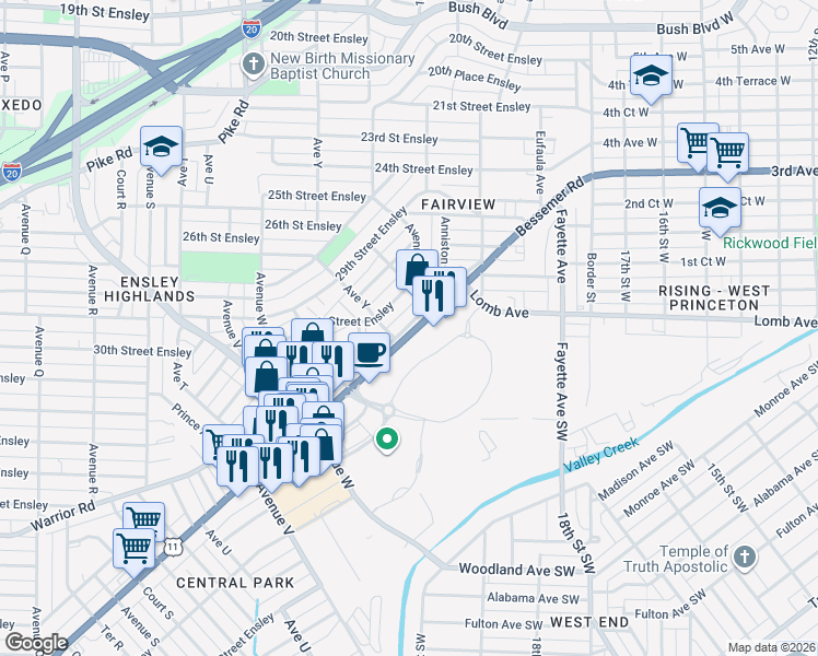 map of restaurants, bars, coffee shops, grocery stores, and more near 2504 Bessemer Road in Birmingham
