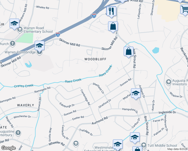 map of restaurants, bars, coffee shops, grocery stores, and more near 426 Sheffield Circle in Augusta