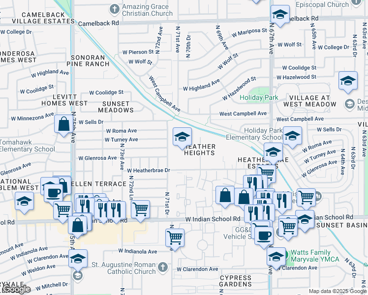 map of restaurants, bars, coffee shops, grocery stores, and more near 7070 West Heatherbrae Drive in Phoenix