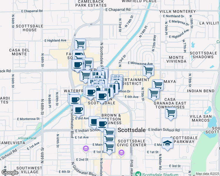 map of restaurants, bars, coffee shops, grocery stores, and more near 4343 North Scottsdale Road in Scottsdale
