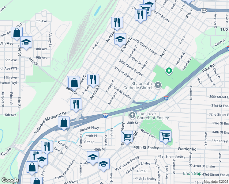 map of restaurants, bars, coffee shops, grocery stores, and more near 3308 Avenue G in Birmingham